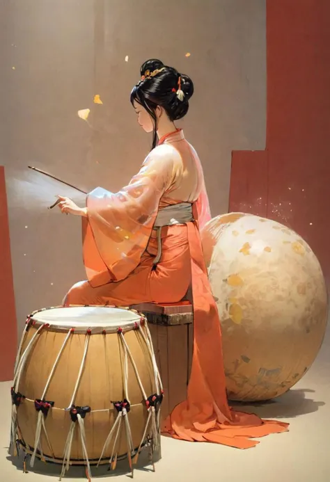 akira style, traditional Busty japanese Drummer woman in See through hanfu, sitting, drumming, thic fluffy drum Sticks, huge drum, feudal dojo, neon-pastel, very detailed