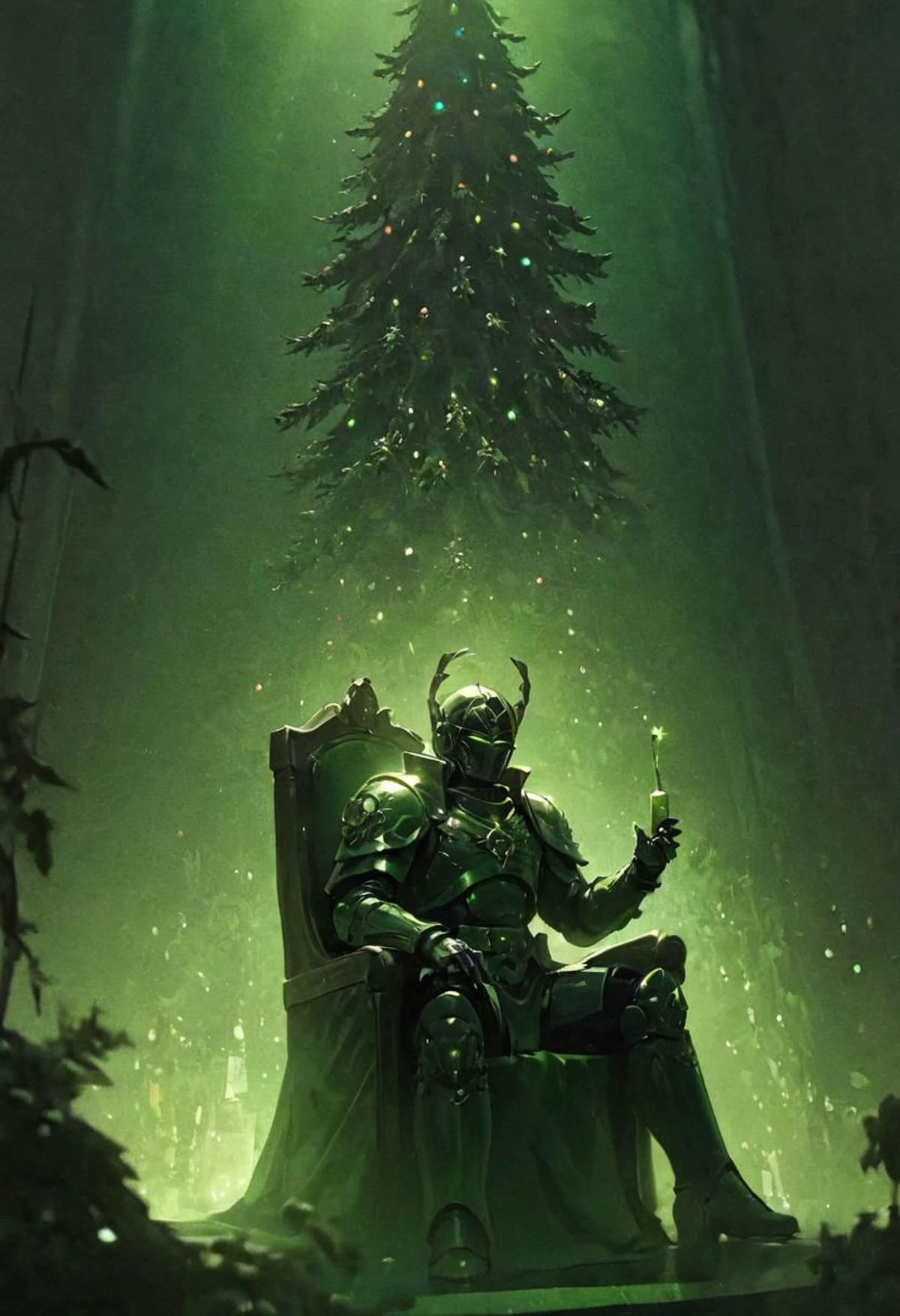 Czech Christmas fairy tale films, Old movie Style, 1970 czech, (1973), sideview, Silhouette, greenteam,
Vintage festive xmas Overlord roboute mercenary in armor Sitting in huge luminous Green Absinthe champagne glass, laser eyes, Christmas trees Background,
, very Detailed, awesome Quality, reflecting, luminescent, translucent, Ethereal, Aura, 80s DARK dystopian Blade Runner Flair, dynamic Scene, very detailed, uhd, masterpiece, White smoke, light beams through smoke,