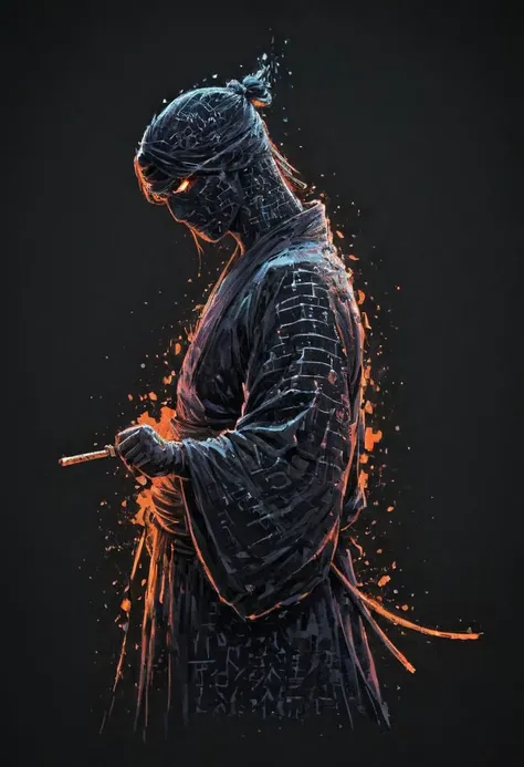 Neon ascii_art, sideview, Himura Kenshin Kimono, feudal Ninja, Katsuhiro Otomo Style, Cotton Ninja suit, eyes visible, huge neon Art Painting from hanging at wall, Fighting stance, medieval inspired detailed Wall Art, very detailed, hd, foggy, smoke, dimmed backlight, PEHighContrast, floating particles, dynamic Scene
