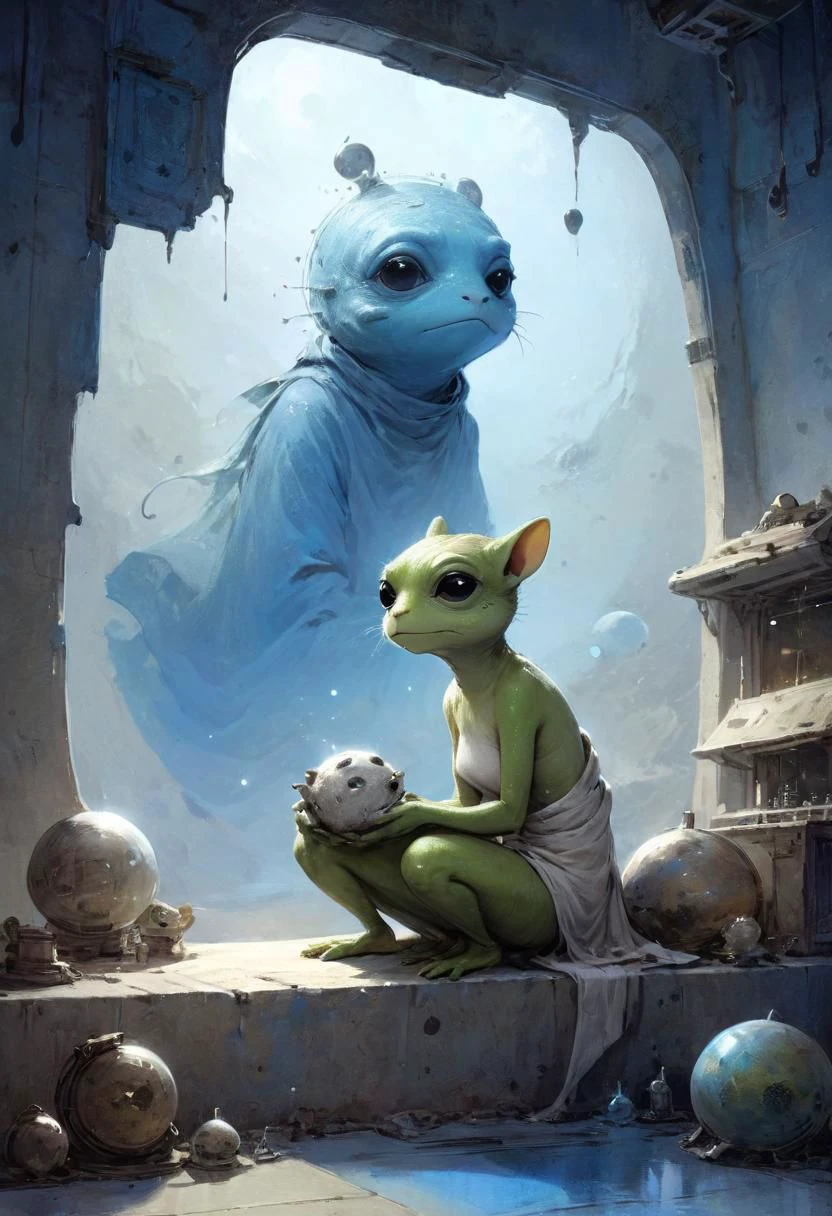 Surreal Harmony, Jean-Baptiste Monge Style page, a monotone Space Scene: naked Busty pepe_frog, Freckles, messy hairbun, Sci-fi See through hanfu, Body Silhouette, infront of huge blue Window to Outer space, Clean Spaceship, wide White Floor tiles, trist Look, Dimmed Lights, Rocks, Stars, nebula, shiny, Party rusty, Metal Armor, very detailed, hd, DARK silver used spaceship Background, foggy, smoke, dimmed backlight, PEHighContrast