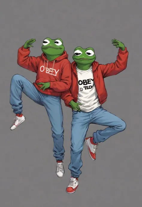 Text Obey, pepe_frog Bill & Ted Dancing on a planet, 90s Hip Hop clothes