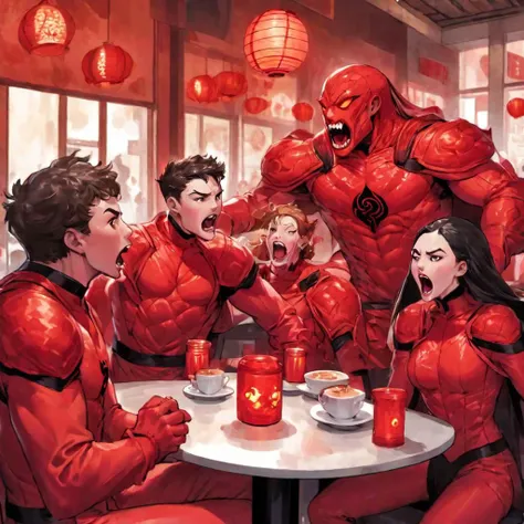 Comic of Hal Jordan in a red lantern suit, sitting and screaming in rage with his red lantern girlfriend and red lantern friends at the cafe, drinking, furious, enraged, masterpiece, best quality