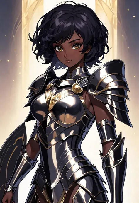 a beautiful woman, wearing armor, Saint Seiya style, holding the helmet, in her hands, dark skin, short black hair, black eyes, the armor outlines her body