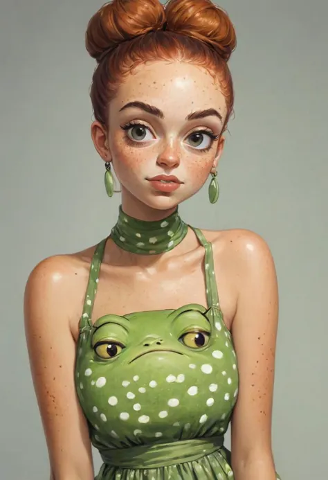 Natural Cute Woman, Freckles, hairbun, wearing 90s Hip Hop pepe_frog dress