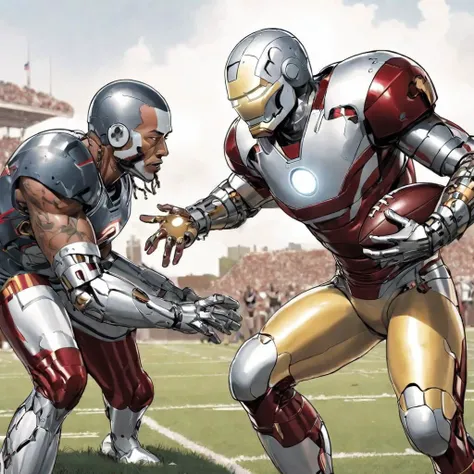 Comic of Cyborg from DC Comics playing american football with Iron Man