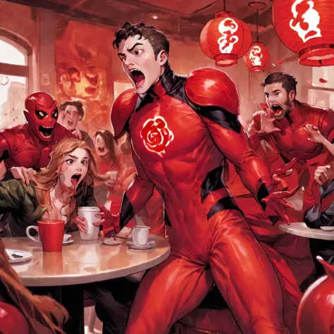 Comic of Hal Jordan in a red lantern suit, sitting and screaming in rage with his red lantern girlfriend and red lantern friends at the cafe, furious, enraged
