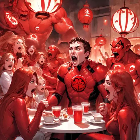 Comic of Hal Jordan in a red lantern suit, sitting and screaming in rage with his red lantern girlfriend and red lantern friends at the cafe, drinking, furious, enraged, (masterpiece, best quality)