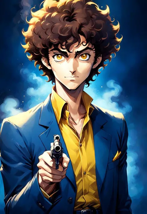 Closeup Portrait, high Contrast, charming overslept Spike Spiegel, Holding large sci-fi Revolver Up, male, disheveled Brown Hair, White skin, grin, thin Long smoking cigarette, Blue 70s tuxedo, yellow Shirt, tsundere, very detailed, hd, DARK blue used spaceship Background, foggy, smoke, dimmed backlight