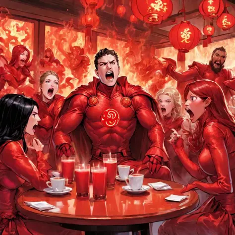 Comic of Hal Jordan in a red lantern suit, sitting and screaming in rage with his red lantern girlfriend and red lantern friends at the cafe, drinking, furious, enraged, masterpiece, best quality
