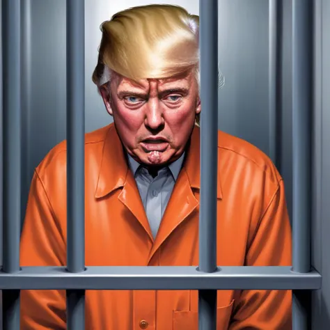 Donald Trump is slim and in an orange prison jump suit in a jail cell, behind bars, featuring his face with teary eyes, gray hair