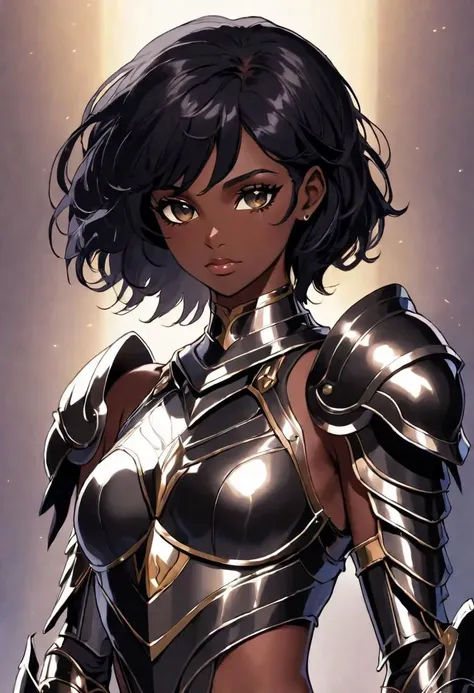 a beautiful woman, wearing armor, Saint Seiya style, holding the helmet, in her hands, dark skin, short black hair, black eyes, the armor outlines her body