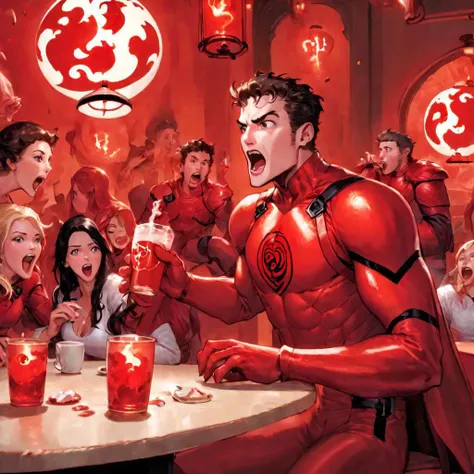 Comic of Hal Jordan in a red lantern suit, sitting and screaming in rage with his red lantern girlfriend and red lantern friends at the cafe, drinking, furious, enraged, masterpiece, best quality