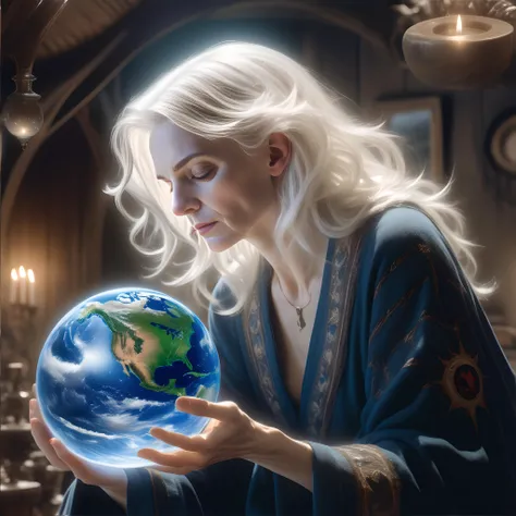 hyper-detailed close up of an aged beautiful woman with wavy white hair, detailed hands, looking down at earth in her hands, holding the earth like a globe, thoughtful expression, wearing an embroidered robe, sitting in a cottage, magical energies floating all around the room, particle effects floating through the air, dark atmosphere colored image, Ultra Realistic, Extreme Realism, A Vivid UHD Photograph, 8K, extremely detailed, photorealism, natural light, masterpiece, best quality, amazing, intricate, highly detailed, sharp focus, cinematic,