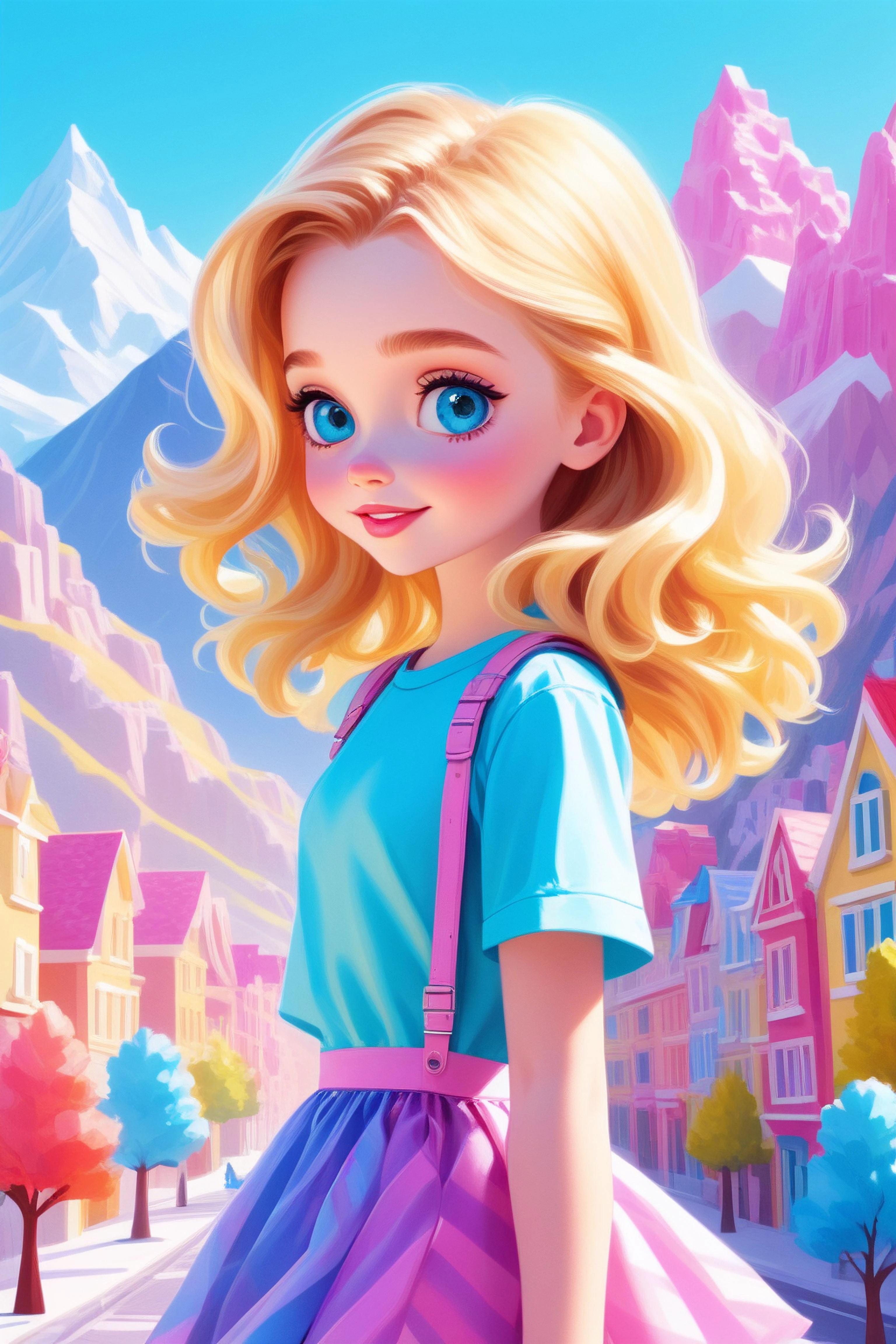 Extreme 3d flat illustration, flat aesthetic illustration, flat minimalistic art, flat stylized digital art, extreme multi colors, A close up illustration of a happy young girl posing in an extreme fluffy candy city with fluffy colorful mountains in the background, long wavy hair, wavy blonde hair, cute, beautiful face, skirt, Blouse, walking on a candy path, young girl Hayden Panettiere, Young  Chloë Grace Moretz, A Vivid UHD image, cute pose, amazing composition, 8K, extremely detailed, natural light, masterpiece, best quality, amazing, intricate, highly detailed background,