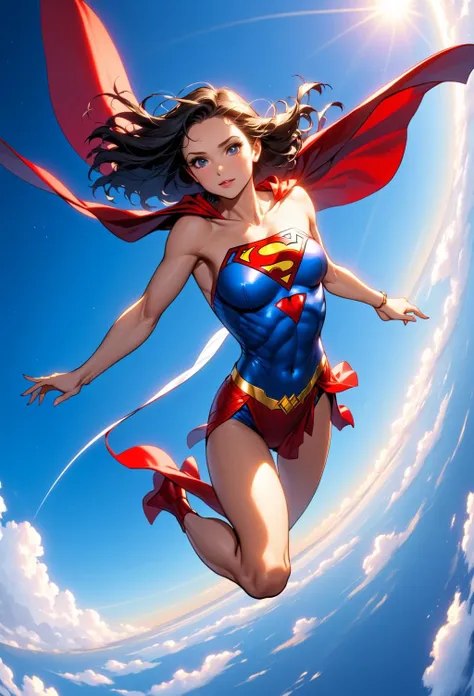 (8k, masterpiece, high resolution:1.3), fish-eye lens view of flying sexy super woman in the sky, cinematic