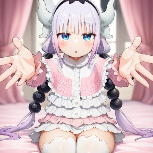 masterpiece, incoming hug, knn, dress, capelet, gardient hair, hair beads, hairband, horns, blue eyes, twintails, thighhighs, sitting, (elegant), (intricate), ornate , Exquisite, (thick thighs:0.9)