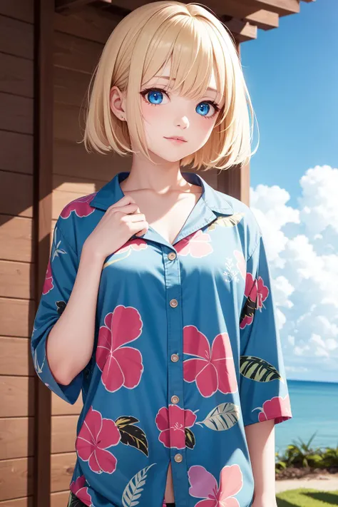 1girl, cute , :|, Hawaiian Shirt, light blue eyes, blonde hair, one side up, buzz cut, sfw