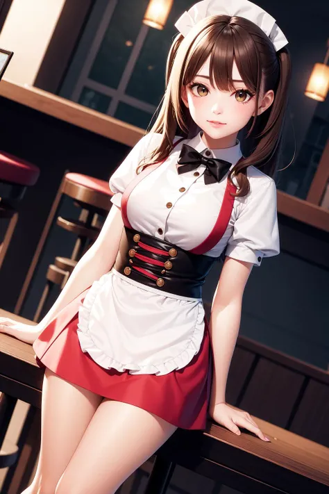 1girl, one side up, waitress, dutch angle