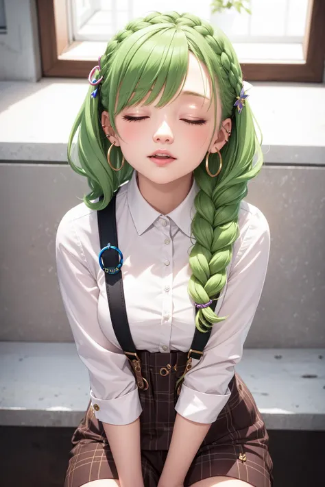 1girl, cute , grimace, Suspenders, closed eyes, light green hair, hair rings, french braid, _