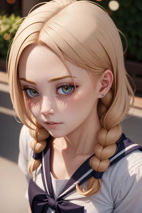 ((best quality)), ((masterpiece)), (detailed), young woman, serafuku, amber eyes, honey blonde hair, twist-out, realistic, photorealism, bokeh, 8k resolution, from above
