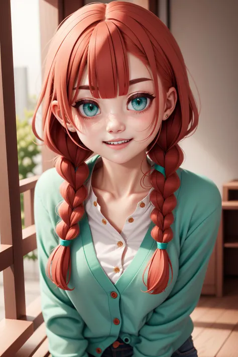 1girl, cute , :d, Cardigan, light green eyes, red hair, low twin braids, braided bangs, sfw /