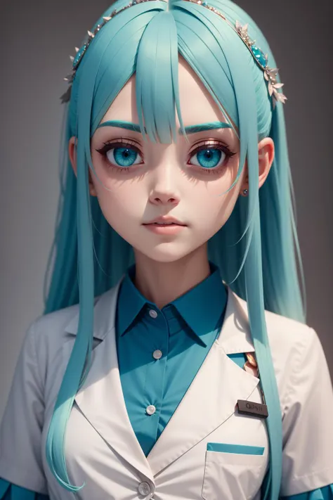 ((best quality)), ((masterpiece)), (detailed), 1girl, :q, doctor, diamond eyes, aqua hair, low-tied long hair, 8k resolution