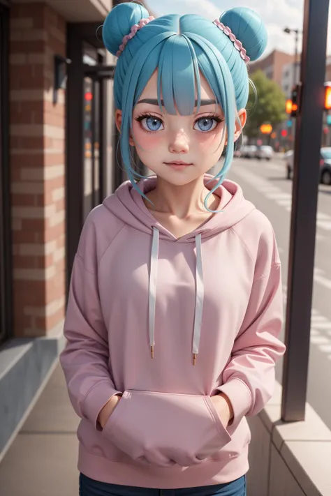 1girl, double bun, Hoodie , pov