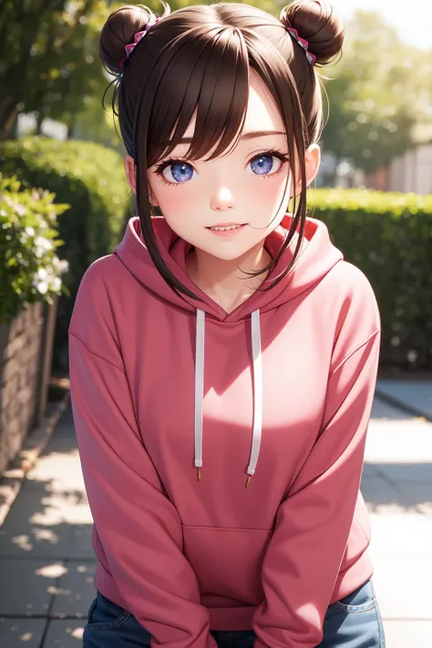 1girl, double bun, Hoodie , pov