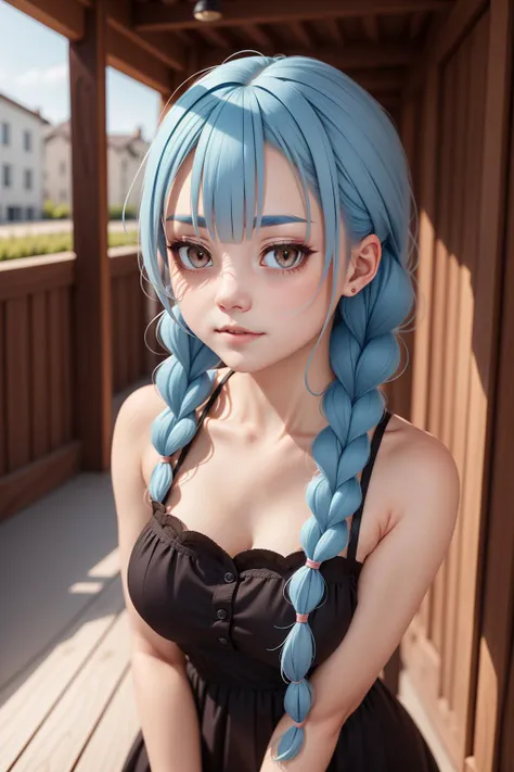 ((best quality)), ((masterpiece)), (detailed), 1girl, :3, soldier, dark brown eyes, light blue hair, low twin braids, 8k resolution