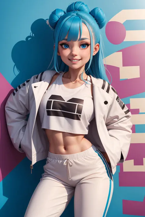 1girl, (crop top), long hair with buns, blue eyes, graphic white t-shirt, oversized jogger pants, leather jacket, lean against the wall, backstreet, graffiti on the wall, hiphop, smiling, hands behind the back, perfect symmetrical face,