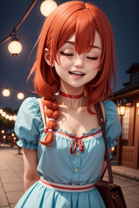 1girl, ;d, blue dress,lurry background, choker, cloud, collarbone, dekalco, depth of field,hair between eyes, long hair, looking at viewer, one eye closed, open mouth, outdoors, puffy short sleeves, puffy sleeves, red bag, ribbon-trimmed choker, short sleeves, sky, smile, soft serve, solo, upper body, yellow eyes, red hair,night, arms behind back, lantern, /