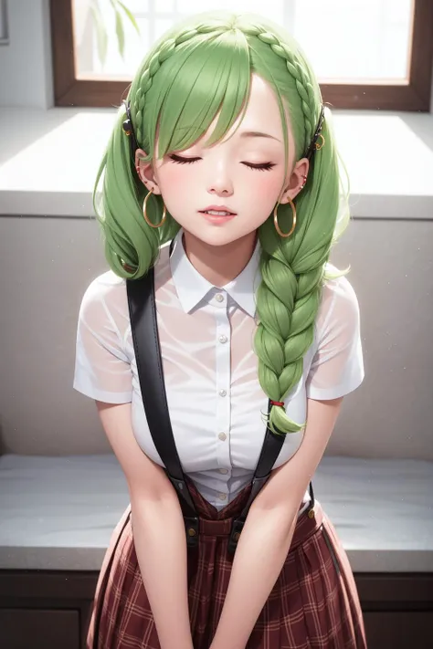 1girl, cute , grimace, Suspenders, closed eyes, light green hair, hair rings, french braid, _