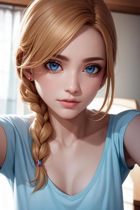 young spanish woman , :|, nightshirt, ice blue eyes, natural blonde hair, french twist, realistic, photorealism, masterpiece, bokeh, detailized face, nsfw, close up