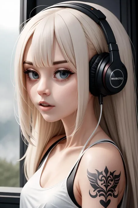masterpiece, extremely detailed, intricate, hyper detailed, perfect face, RAW, analog style, head portrait, gorgeous women, small breasts, long straight hair, wearing a white latex top, wireless headphones, tattoo, diagonal from front view, looking at camera, dreamy look, dynamic pose, sharp focus, volumetric fog, 8k UHD, DSLR, high quality, absurdly,