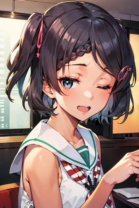 (masterpiece, best quality:1.3), (ultra-detailed:1.2), (illustration,picturesque), {studio light, picturesque}, best shadow,
(KonishiCSA:1.2)_(KujouCSA:1.05), (AlphaCDE:1.3)_(GammaCDE:1.15),
BREAK
(perfect anatomy), (symmetric eyes, ultra-detailed eyes, beautiful eyes), (sharp eyeliner, ultra-detailed face, beautiful face),
BREAK
nice hands, perfect hands, hand by Guido Daniele,
BREAK
1girl, solo,
BREAK
SciroccoKC, (Scirocco) dress, (sleeveless) dress, (white) sailor collar, (striped) neckerchief, (Scirocco) footwear, tan, (pink) hair ribbon, (pink) braid ribbon, (sailor) dress, (white) dress, (Turret) hair ornament, (pink) hairclip
BREAK
,oblique portrait, upper body shot, looking at viewer, smile, open mouth, (one eye closed), (indoor, office, living room),
BREAK
<lyco:hands:1>, <lora:CSA-v0.2:0.6>, <lora:CDE:0.6>, <lora:Scirocco-10:1>