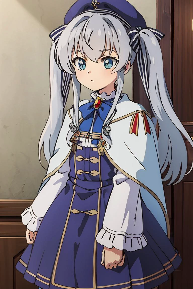 (masterpiece, best quality), 1girl, <lora:ceria35-000010:0.8> ,aaceria,long_hair,grey_hair,two_side_up,twintails,hair_bow,bangs,striped_bow,, ,ceriadress,hat,beret,blue_headwear,dress,blue_dress,white_shirt,long_sleeves,frills,brooch,pantyhose,skirt,blue_skirt,cape,capelet,white_capelet,