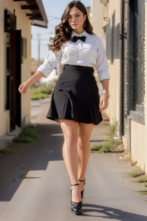 a photo of dmtozdmr (medium shot) (depth of field), standing in an abandoned street,wearing a collared shirt with bowtie and pleated skirt (hourglass waist:1.1),(curvy hips:1.1),(busty:1.1),(beautiful legs:1.1),(cinematic lighting:1.2),photorealistic, <lora:Demet Ozdemir:0.85> <lora:GoodHands-beta2:1>
