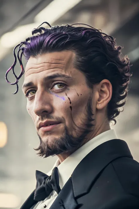 RAW face closeup portrait of a man wearing a tuxedo, professional photography, in blade runner, high resolution, 4k, 50mm, vaporwave, photo by Brooke Shaden, close portrait, <lora:wazukyanSageMadeInAbyss:1.1>, wazukyansage, brown eyes, purple hair, (facial mark)