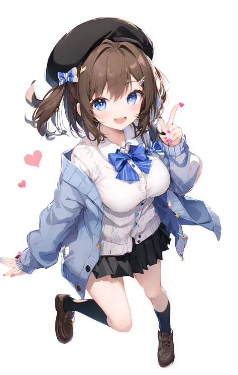 1girl, solo, virtual youtuber, suzuhara lulu, skirt, brown hair, striped skirt, hair ornament, hat, open mouth, white background, striped, bow, jewelry, simple background, blue eyes, looking at viewer, shirt, x hair ornament, beret, nail polish, smile, blush, pink cardigan, heart, vertical-striped skirt, brooch, vertical stripes, blue nails, white shirt, black skirt, cardigan, black headwear, long sleeves, breasts, :d, bangs, medium hair, hair bow, black bow, pointing, index finger raised, bowtie, hairclip, medium breasts, striped bow, from above,full body,Standing on one leg,