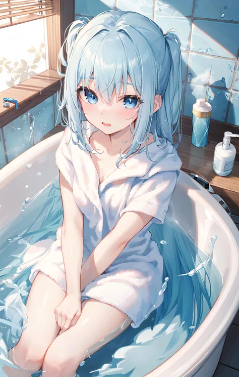 bath towel,Soft Lighting,water vapour,Light blue hair,Medium hair,bathtub,Blush,blue eyes,Shampoo,Hair dryer,Hair brush,extremely detailed CG unity 8k wallpaper,illustration,lens 135mm,masterpiece, best quality,young girl,naughty face,aquagradient eyes,cowboy shot,Sitting,from above,water,