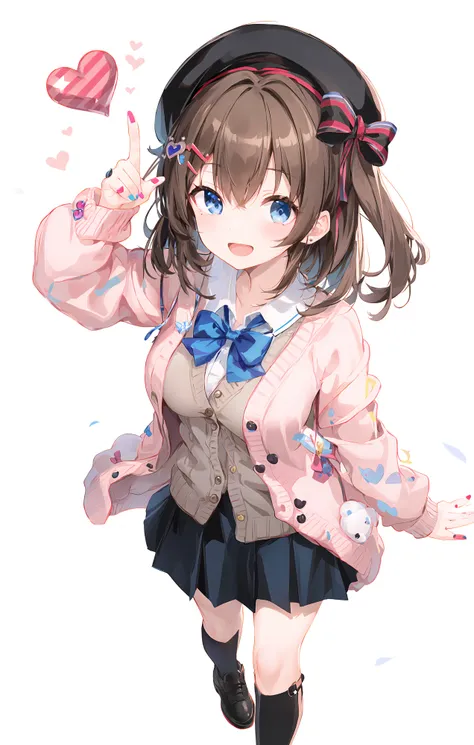 1girl, solo, virtual youtuber, suzuhara lulu, skirt, brown hair, striped skirt, hair ornament, hat, open mouth, white background, striped, bow, jewelry, simple background, blue eyes, looking at viewer, shirt, x hair ornament, beret, nail polish, smile, blush, pink cardigan, heart, vertical-striped skirt, brooch, vertical stripes, blue nails, white shirt, black skirt, cardigan, black headwear, long sleeves, breasts, :d, bangs, medium hair, hair bow, black bow, pointing, index finger raised, bowtie, hairclip, medium breasts, striped bow, from above,full body,Standing on one leg,