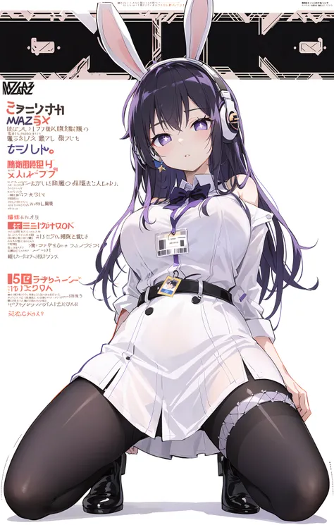 (magazine cover:1.4),1girl,solo,full body,extremely detailed CG unity 8k wallpaper,illustration,lens 135mm,masterpiece, best quality,young girl,naughty face,headphones purple Bunny ears,,virtual youtuber, suzuhara lulu, Tag, identity card,black pantyhose,(aquagradient eyes:0.7),purple_hair,Long hair,Bangs,purple eyes,star-shaped pupils,Parted lips,white dress,sundress,Black hair strap, off -shoulder, star earrings,Black belt,(large breasts:1.3),(white background:1.5),simple background,Kneeling,grey eyes,closed mouth,Expressionless,Hair bow,masterpiece, best quality,, masterpiece, best quality,(Dress Shirt:1.4),thigh strap,over-kneehighs,(from below:1.3),Angry,bowtie,hand on skirt,Blush,