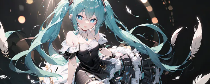 (magazine cover:1.4),extremely detailed CG unity 8k wallpaper,illustration,lens 135mm,masterpiece, best quality,young girl,naughty face,aquagradient eyes,very wide shot,
1 girl,Hatsune Miku,twintails,Light smile,solo,off-shoulder,checkered dress,sleeveless,necklace,high heels,long dress,lace-trimmed dress,frilled dress,
electric guitar,
cowboy shot,fisheye,masterpiece, best quality,(Bokeh:1.5),depth of field,(White feathers:1.2),(god rays),Soft Lighting,
(black background:1.5),simple background,<lora:HatsuneMiku:0.7>