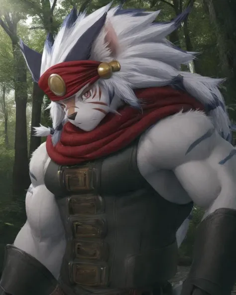 solo, detailed anime, half-length portrait, forest background, ,
belugadamiens, male, feline, clothed, tank top, jeans, huge muscles, <lora:belugadamiens:1>