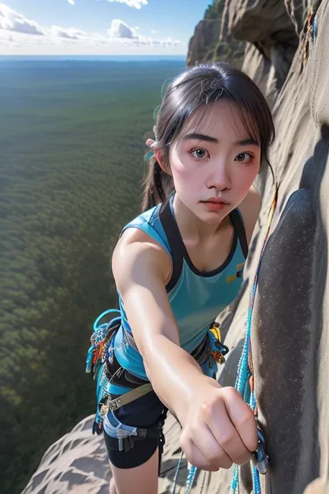 wide angle, full body, beautiful face, (biu:1.2), (girl:1.1) outdoor rock climbing, <lora:real25dLikeness_v10:1>