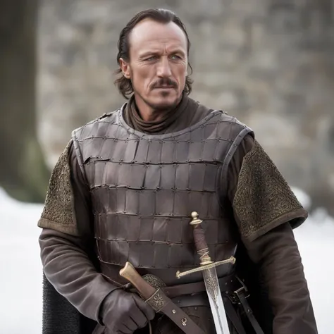 Bronn1024, a man, medieval cothing,holding sword and a shield, war, ++(full body), winter,seductive, photography, trending on artstation, sharp focus, studio photo, intricate details, highly detailed, by greg rutkowski <lora:Bronn1024:0.6>