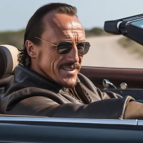 Bronn1024, a man driving a convertible, sunglasses, smile, photography, trending on artstation, sharp focus, studio photo, intricate details, highly detailed, by greg rutkowski <lora:Bronn1024:0.6>