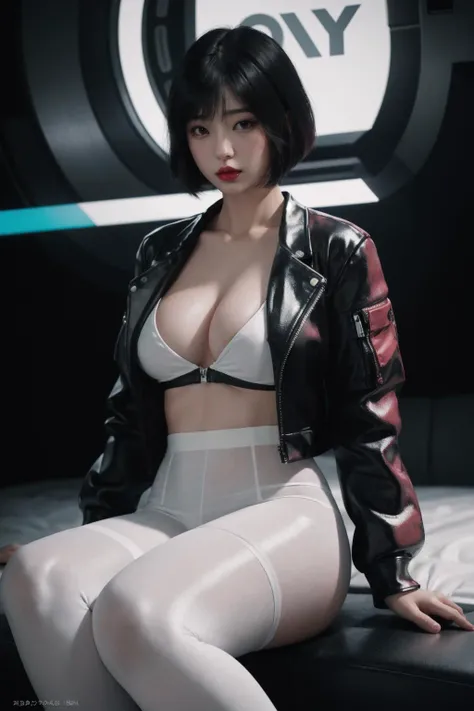 photorealistic, high resolution, 1women, mature female, solo, blue eyes, hips up, white off-shouler jacket, black bodysuit, bare shoulders, white shorts, hip vent, (dynamic pose), fantasy, high contrast,cityscape, neon lights, neon trim, ((cyberpunk)), 1 sweet girl,white short hair, bangs, ((red eyeliner)), ((makeup)),red lips, sitting, sexy body, without bra, big , pink nipples, no cloths