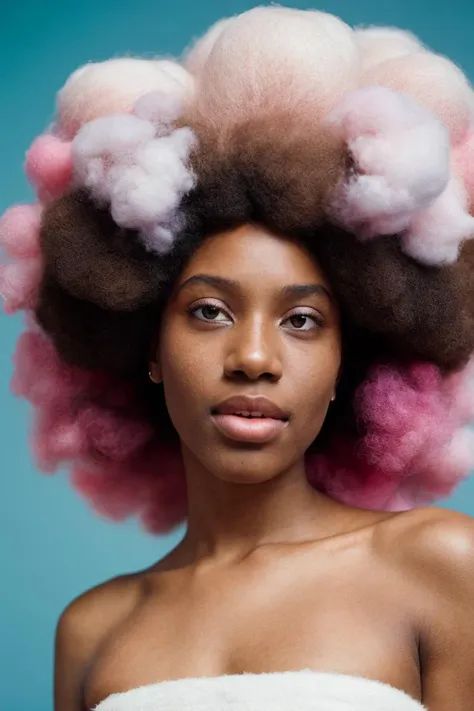 xorgeous girl with big afro, made of cotton candy, portrait, beautiful, bright colors, warm lighting,fine textures,high quality textures of materials, volumetric textures, natural textures, (natural colors, correct white balance, color correction, dehaze,clarity),RAW,vivid colours,intricate,photo shadows,photographic