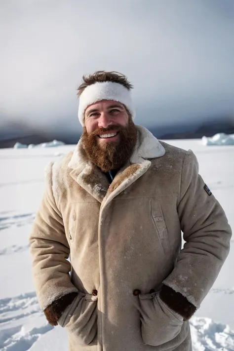 smiling polar explorer, bearded, snow,snowstorm,wind,snow desert on background,fine textures,high quality textures of materials, volumetric textures, natural textures, (natural colors, correct white balance, color correction, dehaze,clarity),RAW,vivid colours,intricate,photo shadows,photographic